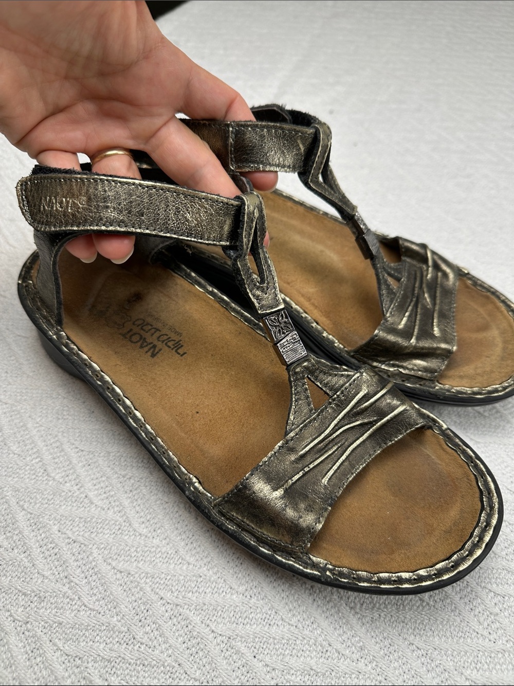 Naot Metallic Bronze Leather T-Strap Sandals